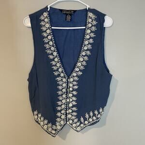VTG Natural Expressions Size L Floral Embroidered Vest Boho‎ Lightweight Blue